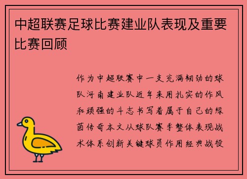 中超联赛足球比赛建业队表现及重要比赛回顾