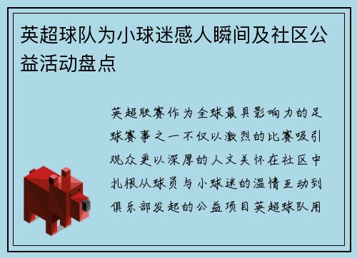 英超球队为小球迷感人瞬间及社区公益活动盘点