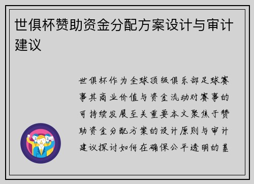 世俱杯赞助资金分配方案设计与审计建议